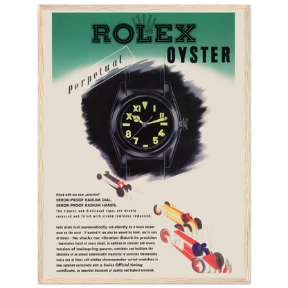 Swiss watchmaking art print of the Rolex Oyster Perpetual, ideal for collectors and enthusiasts of fine horological craftsmanship.