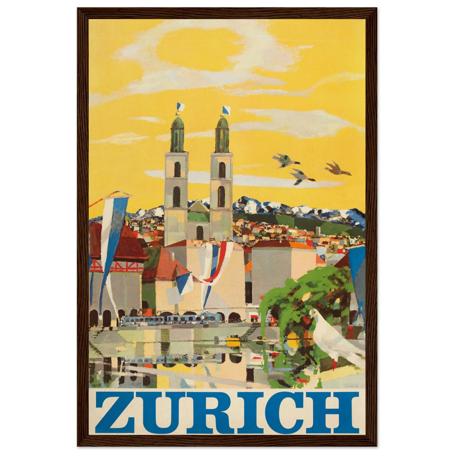 Retro Switzerland Zurich art print with yellow sky, historic architecture, and mountain backdrop