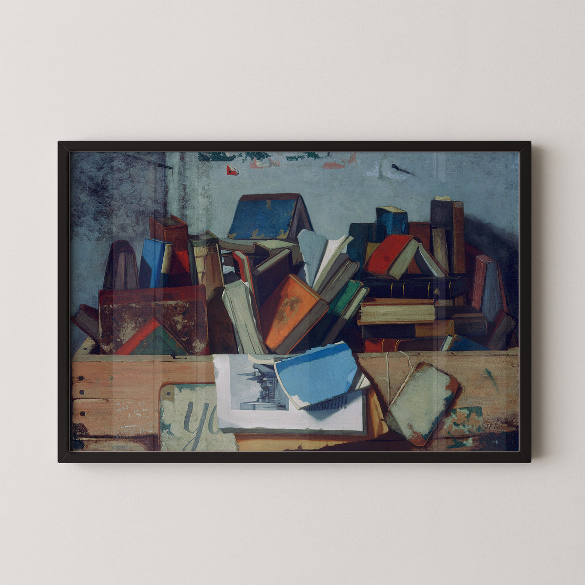 Take Your Choice by John Frederick Peto art print in a black frame, showing books, papers and wooden boards