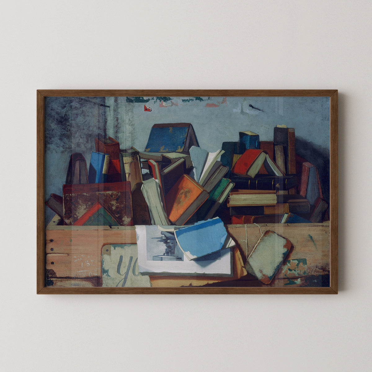 Take Your Choice by John Frederick Peto art print in a dark wood frame, with books, papers and wooden boards