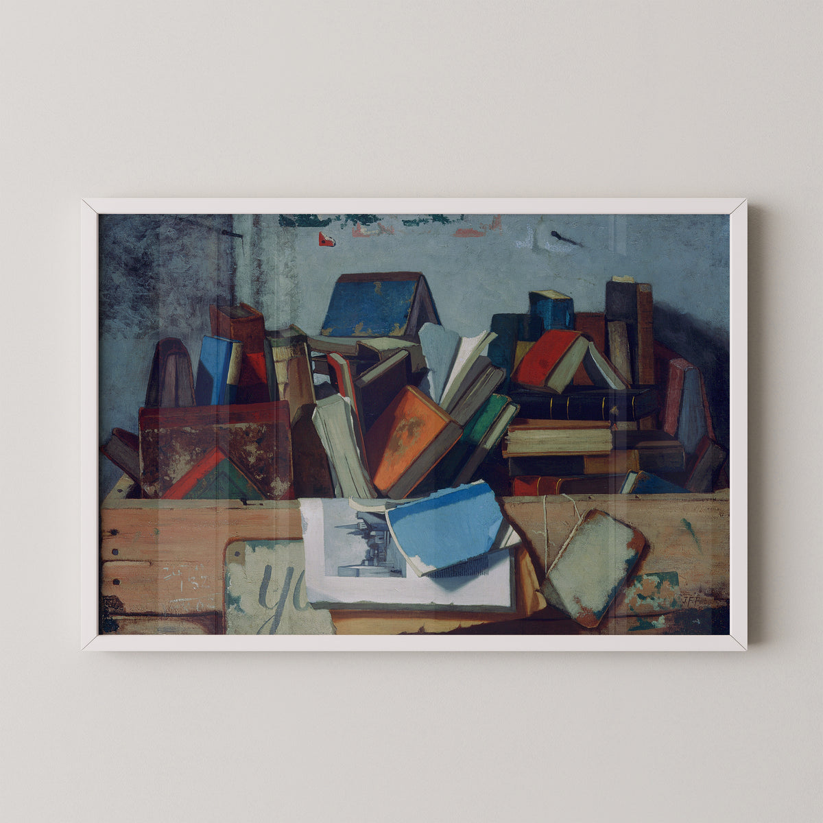 White-framed Take Your Choice by John Frederick Peto art print, featuring books, papers and wooden boards