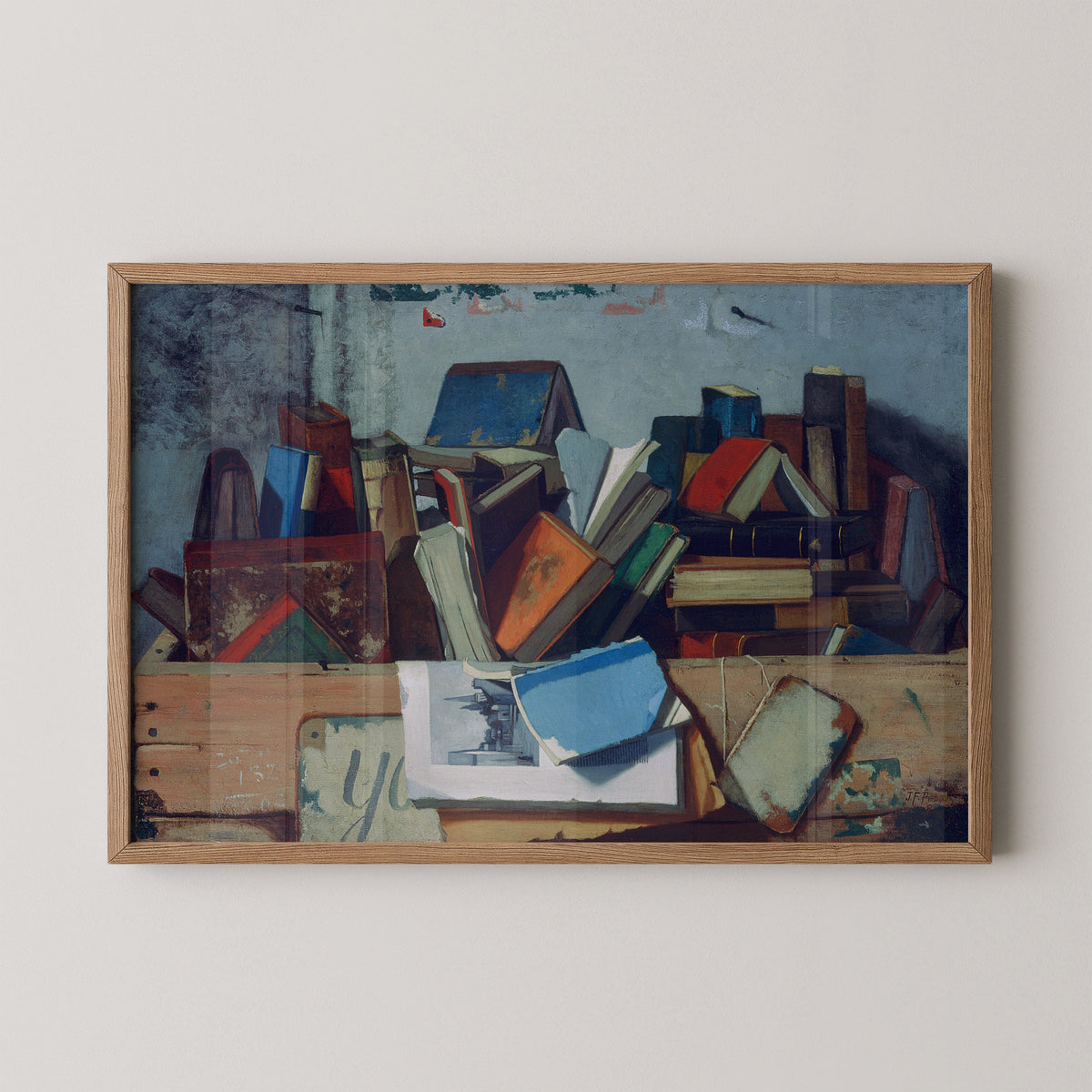 Natural wood-framed Take Your Choice by John Frederick Peto art print, showing books, papers and wooden boards