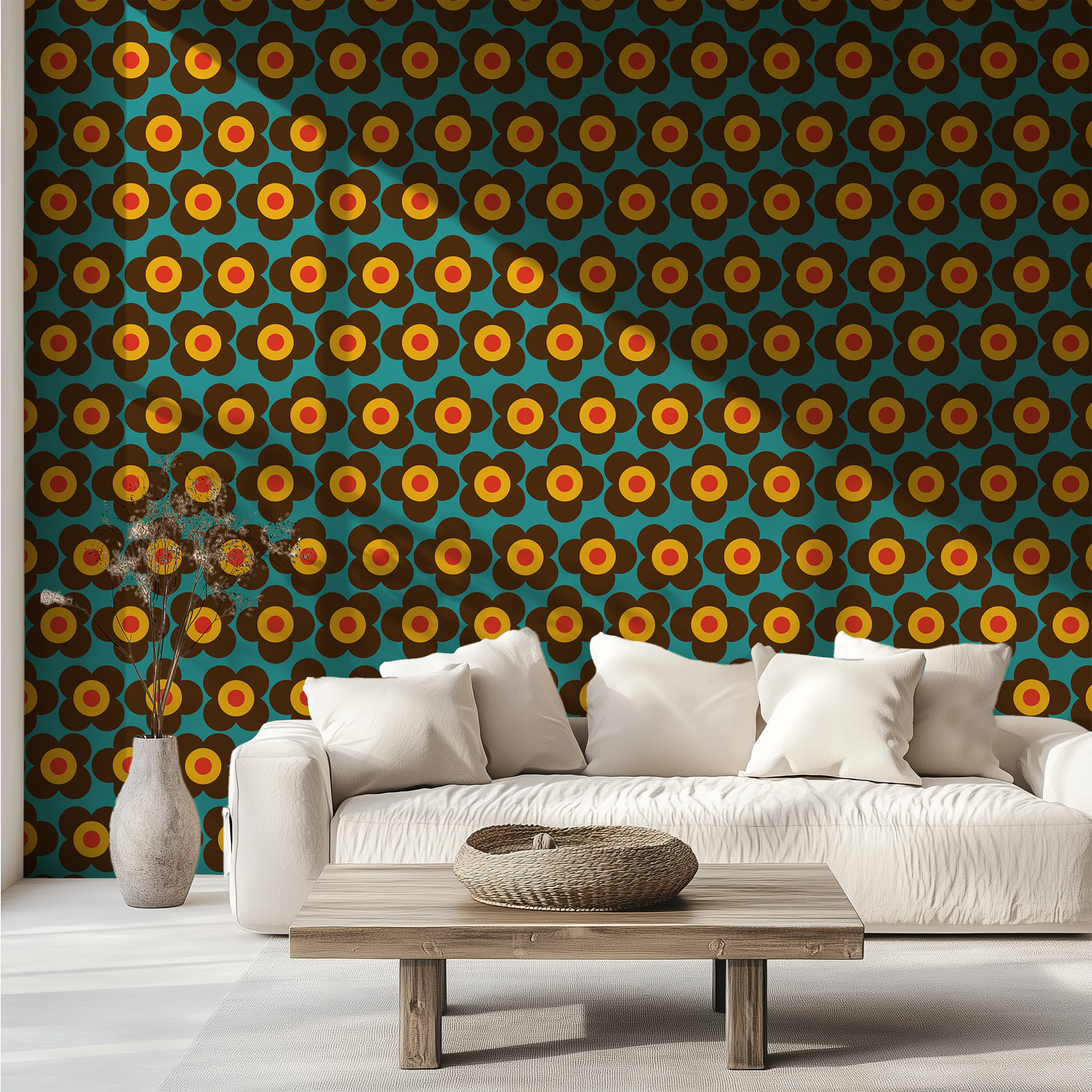 Teal retro wallpaper with repeating stylised flower pattern for modern feature walls.