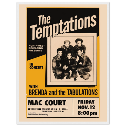 Motown soul poster featuring The Temptations, honoring their legendary sound and classic hits from the 1960s and 70s.