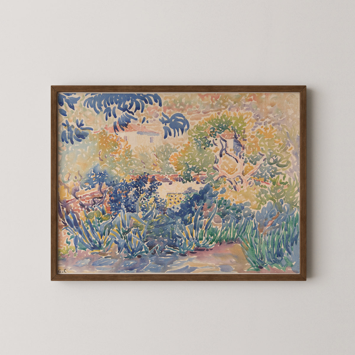 Neo-Impressionist garden watercolor by Henri-Edmond Cross in a dark wood frame, with dappled blue shadows