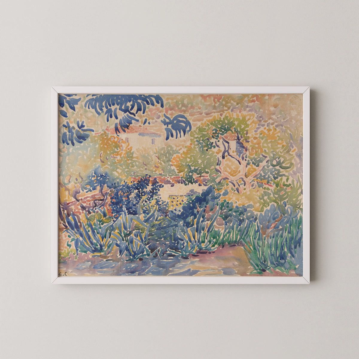 White-framed Saint-Clair garden art by Cross, showing loose green brushmarks and a sunlit garden path