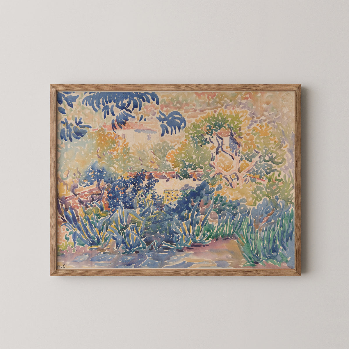 Natural wood-framed garden print by Cross, with blue foliage, curving branches and warm peach tones