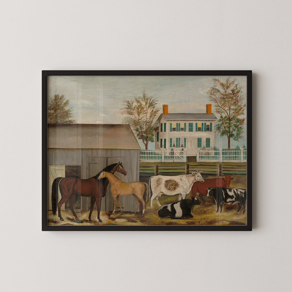 The Barnyard by Amzi Emmons Zeliff art print in a black frame, showing horses and cows beside a barn