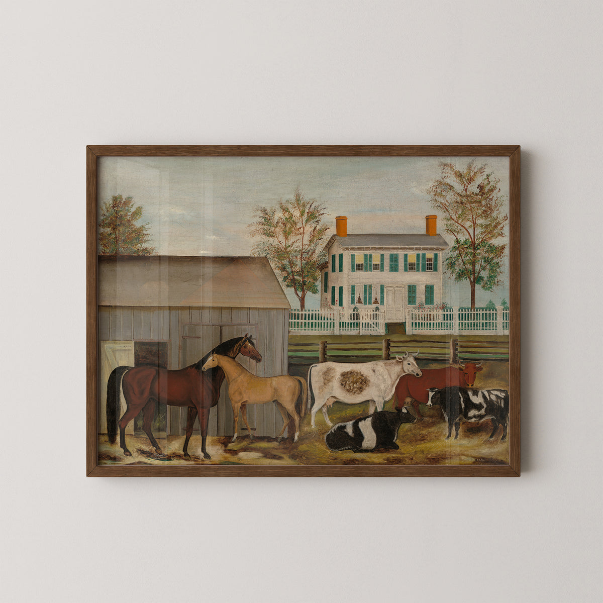 The Barnyard by Amzi Emmons Zeliff art print in a dark wood frame, with horses and cows beside a barn