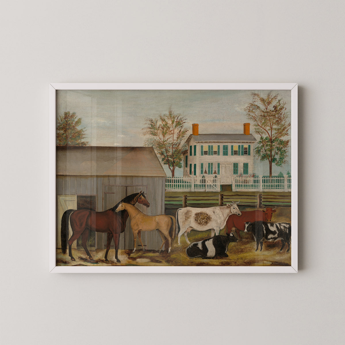 White-framed The Barnyard by Amzi Emmons Zeliff art print, featuring horses and cows beside a barn