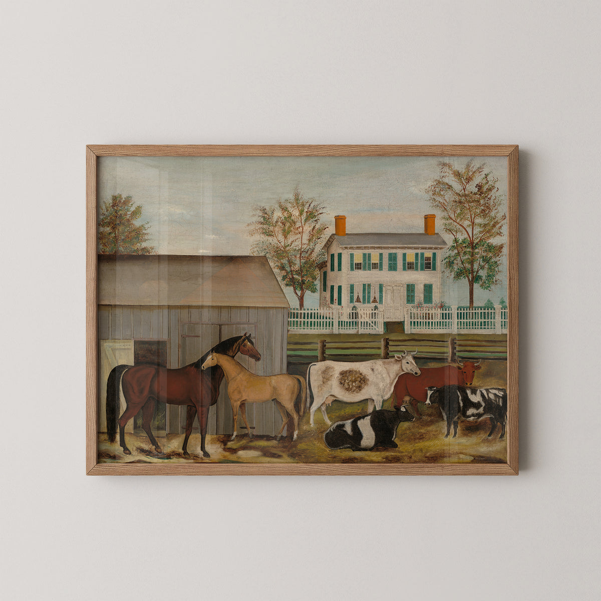 Natural wood-framed The Barnyard by Amzi Emmons Zeliff art print, showing horses and cows beside a barn