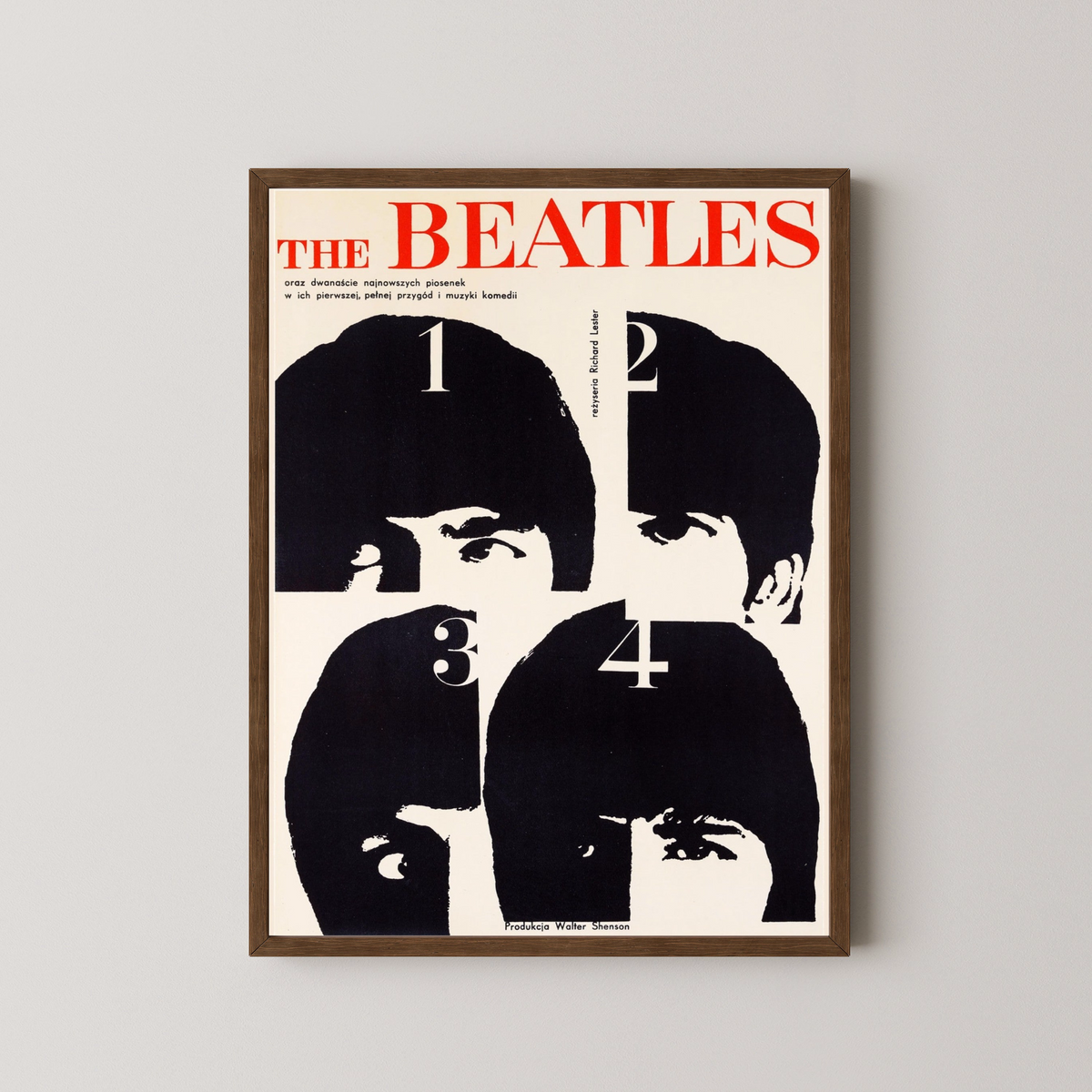 The Beatles Black & White Portrait Poster – dark wood frame mockup