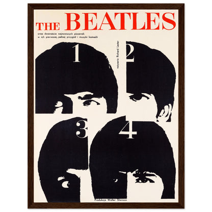 Retro Beatles graphic art poster with pop art influence, displaying bold typography and numbered portraits. Perfect vintage wall decor for pop art enthusiasts, fans of 60s design, and music collectors.