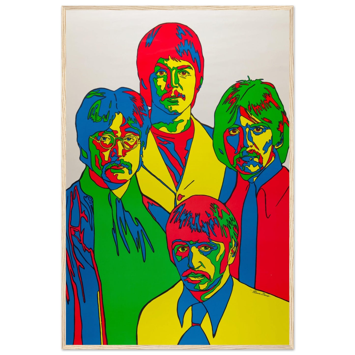 Psychedelic art print of The Beatles in vibrant pop colors, a must-have collectible for 60s rock enthusiasts.