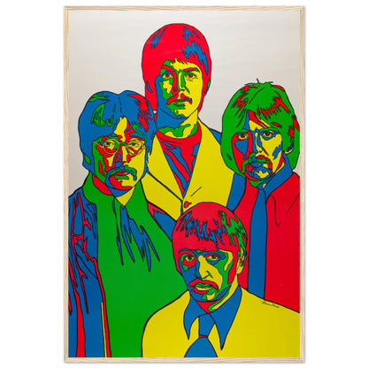 Psychedelic art print of The Beatles in vibrant pop colors, a must-have collectible for 60s rock enthusiasts.