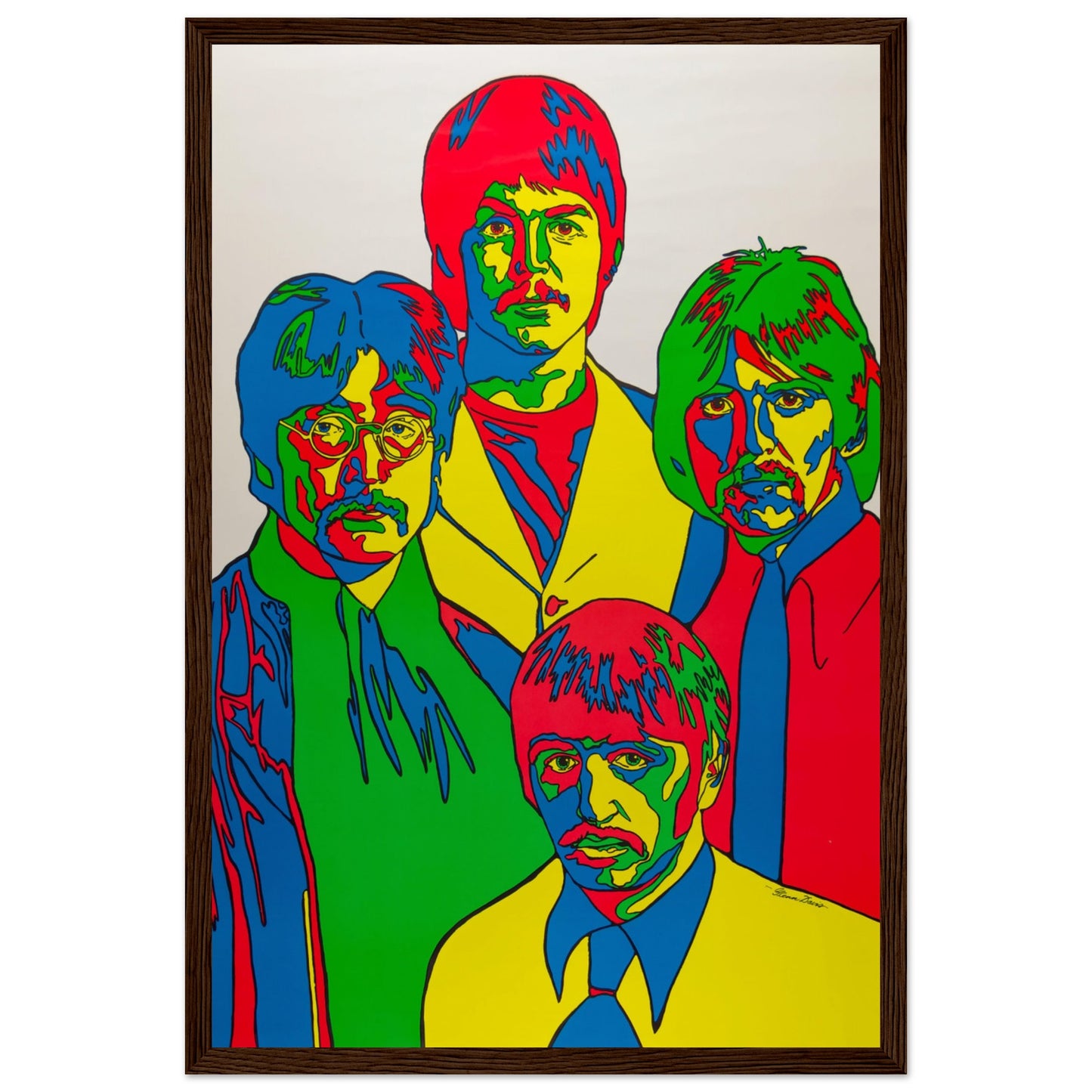 Retro pop art poster of The Beatles, celebrating Lennon, McCartney, Harrison, and Starr in vivid artistic style.