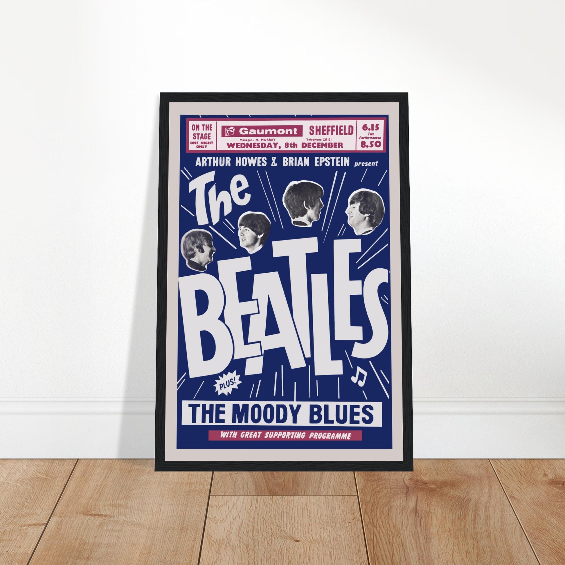 Vintage Beatles concert poster from Sheffield 1965 featuring The Moody Blues — classic British rock memorabilia for music fans and collectors.