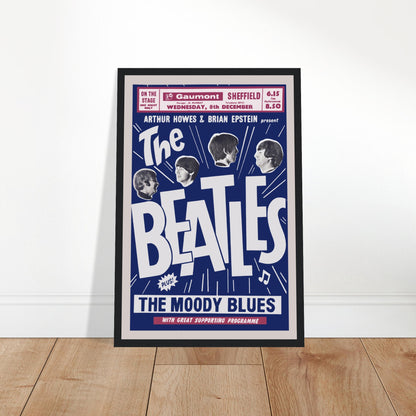 Vintage Beatles concert poster from Sheffield 1965 featuring The Moody Blues — classic British rock memorabilia for music fans and collectors.