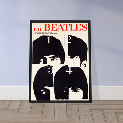 Vintage Beatles poster featuring minimalist black-and-white portraits of John, Paul, George, and Ringo. Iconic 1960s rock wall art print perfect for Beatles fans, collectors, and retro music decor.