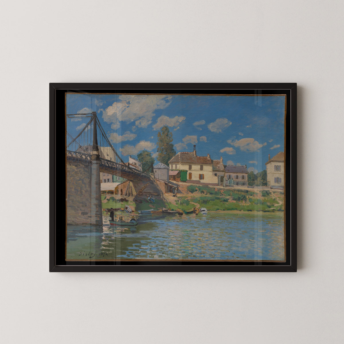 The Bridge at Villeneuve-la-Garenne by Alfred Sisley, Seine river landscape in a black frame