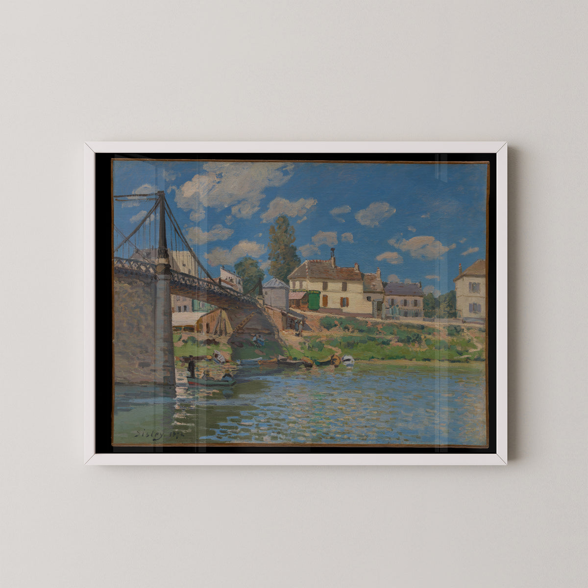 White-framed Villeneuve-la-Garenne bridge print by Sisley, with riverside figures and moored boats