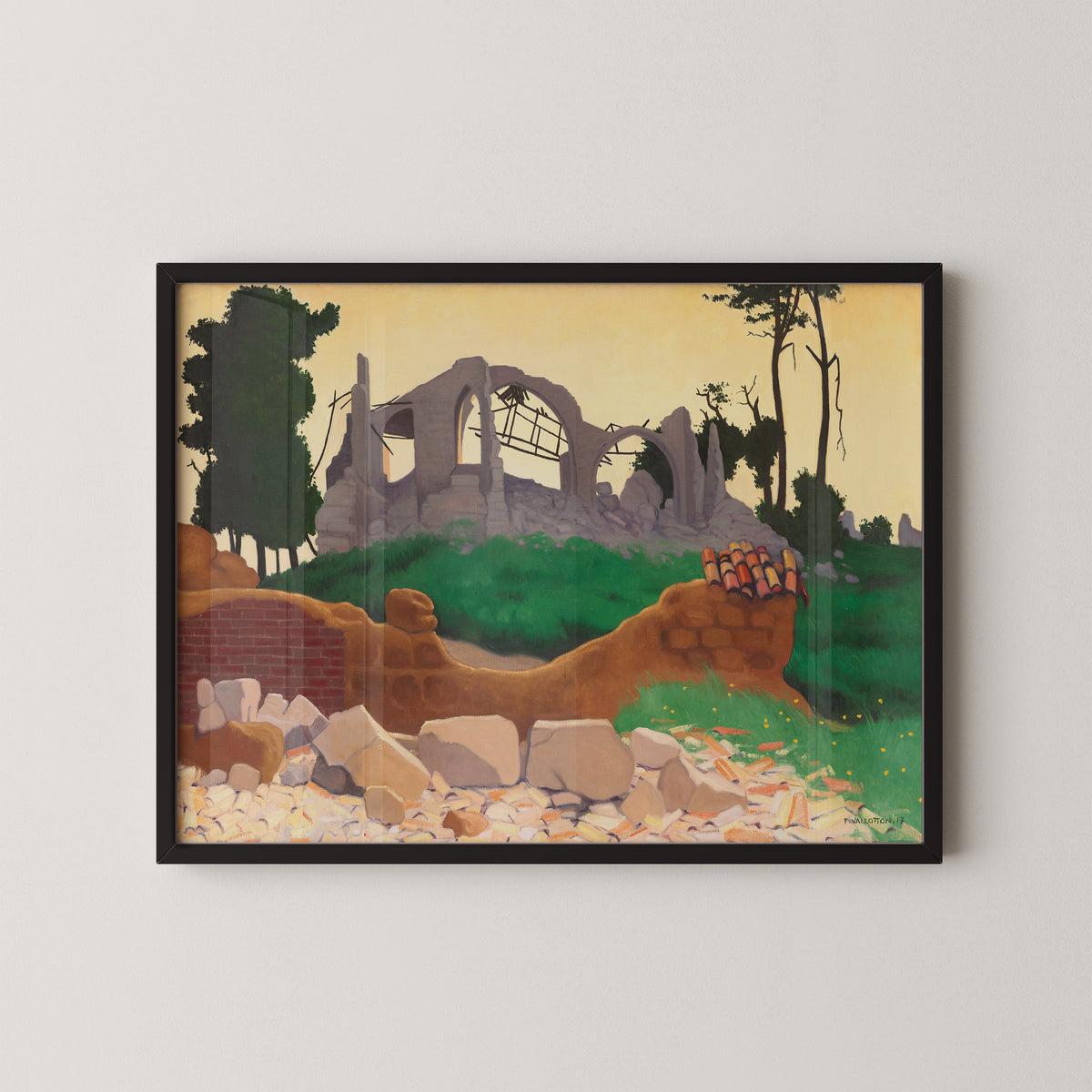 The Church of Souain by Félix Vallotton art print in a black frame, showing ruined church landscape