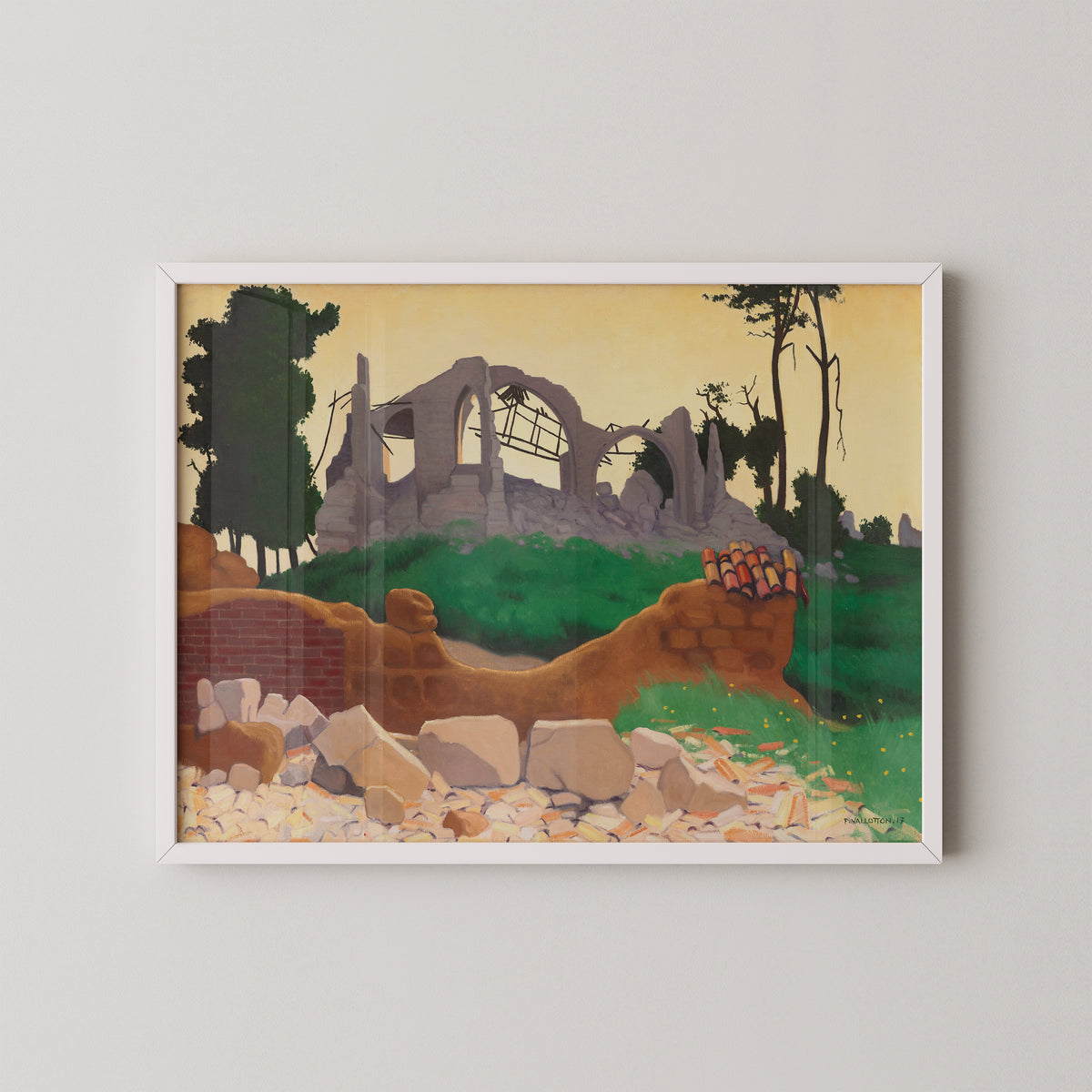 White-framed The Church of Souain by Félix Vallotton art print, featuring ruined church landscape