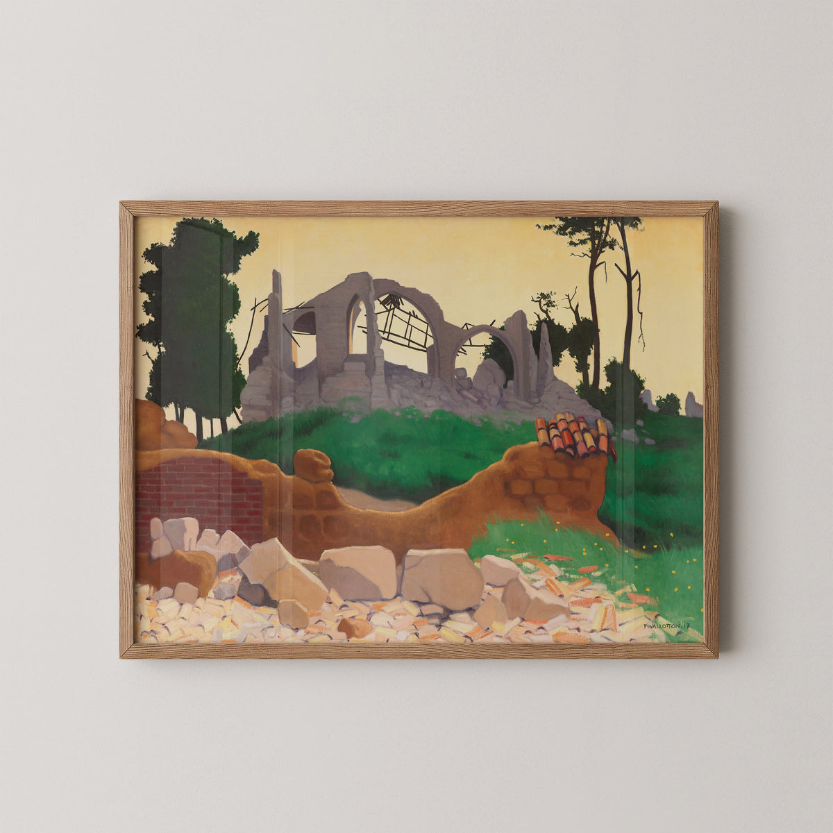 Natural wood-framed The Church of Souain by Félix Vallotton art print, showing ruined church landscape