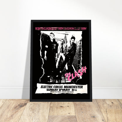 Vintage The Clash concert poster from Electric Circus Manchester featuring punk rock design and bold black-and-pink typography.