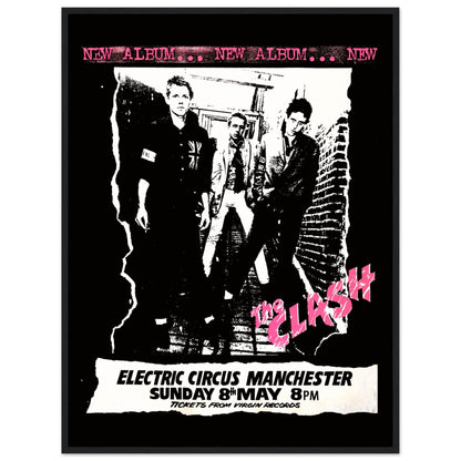 Punk rock vintage poster of The Clash with black-and-white band photo and pink text — iconic 1970s British concert art.