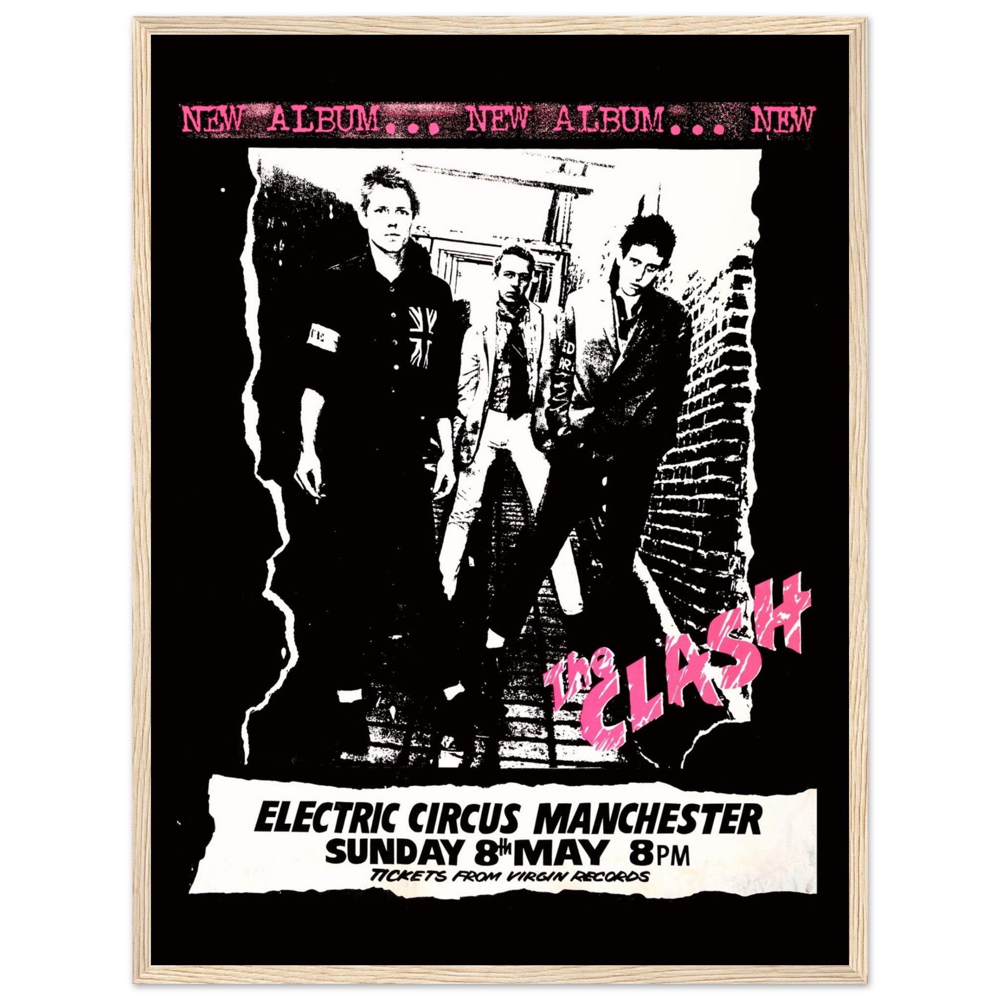 Vintage wall art poster of The Clash punk band, designed in raw black-and-white style with pink retro lettering.