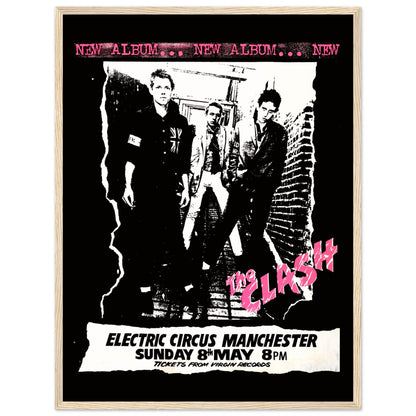 Vintage wall art poster of The Clash punk band, designed in raw black-and-white style with pink retro lettering.