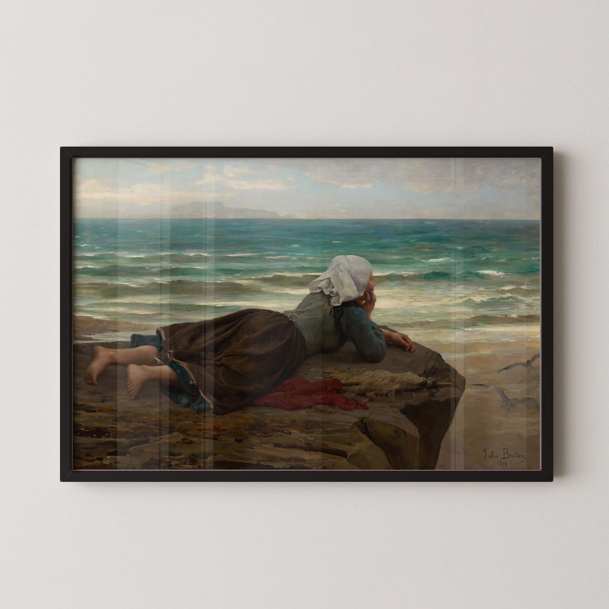 The Cliff (La Falaise) by Jules Breton, woman resting beside a turquoise sea, art print in a black frame