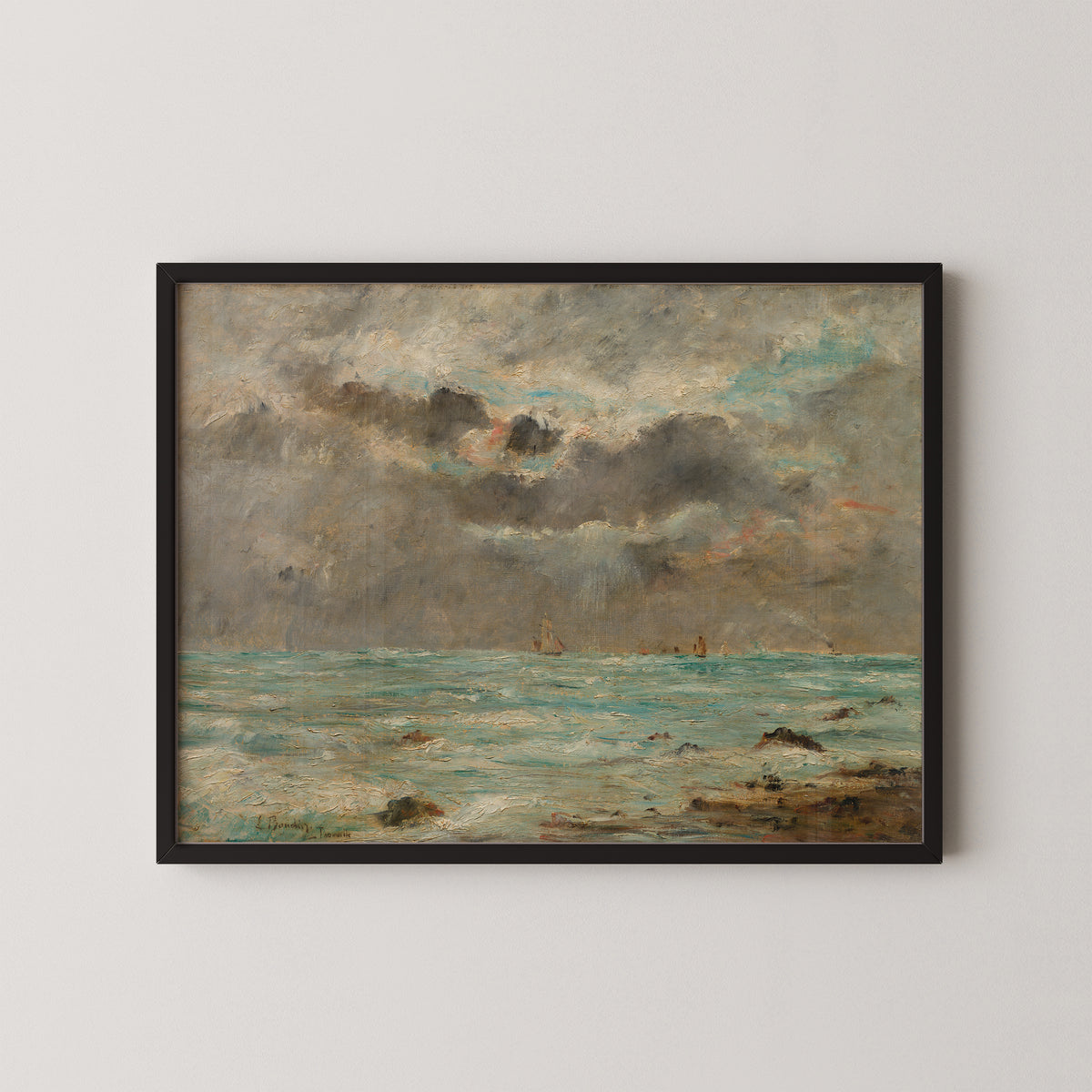 The Coast at Trouville by Eugène Boudin, art print in a black frame