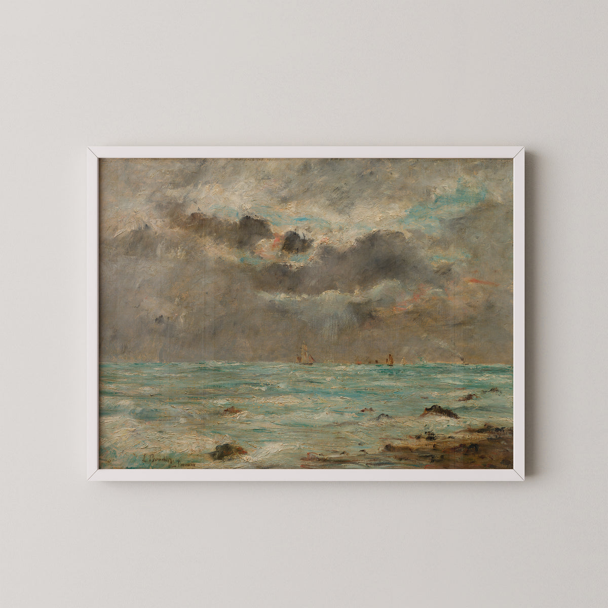 The Coast at Trouville by Eugène Boudin, art print in a white frame