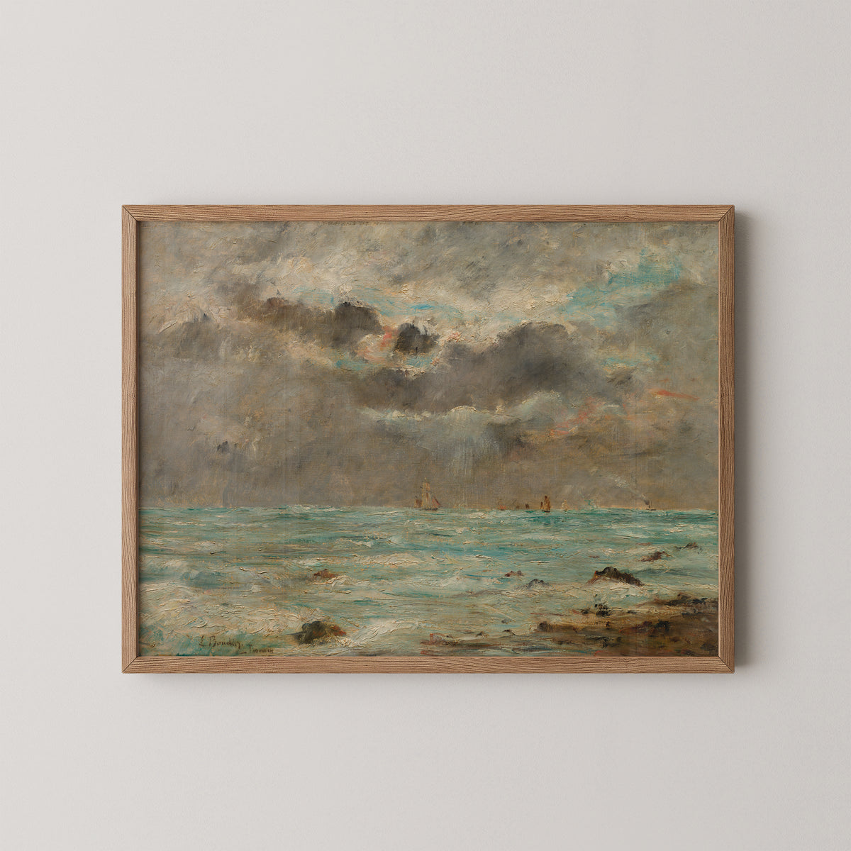 The Coast at Trouville by Eugène Boudin, art print in a natural wood frame