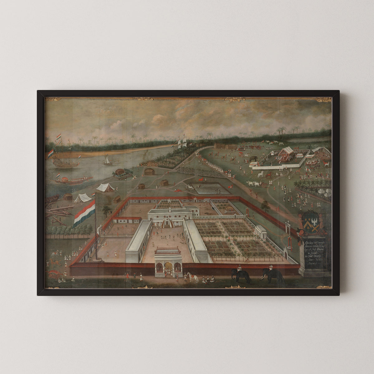 The Dutch Factory in Hooghly-Chinsurah, Bengal by Hendrik van Schuylenburgh, art print in a black frame
