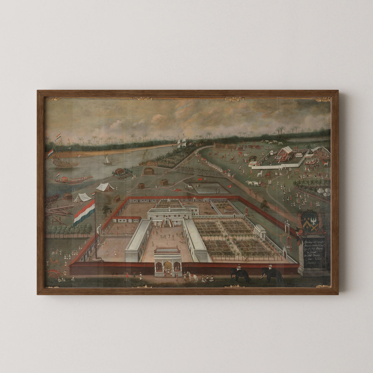 The Dutch Factory in Hooghly-Chinsurah, Bengal by Hendrik van Schuylenburgh, art print in a dark wood frame
