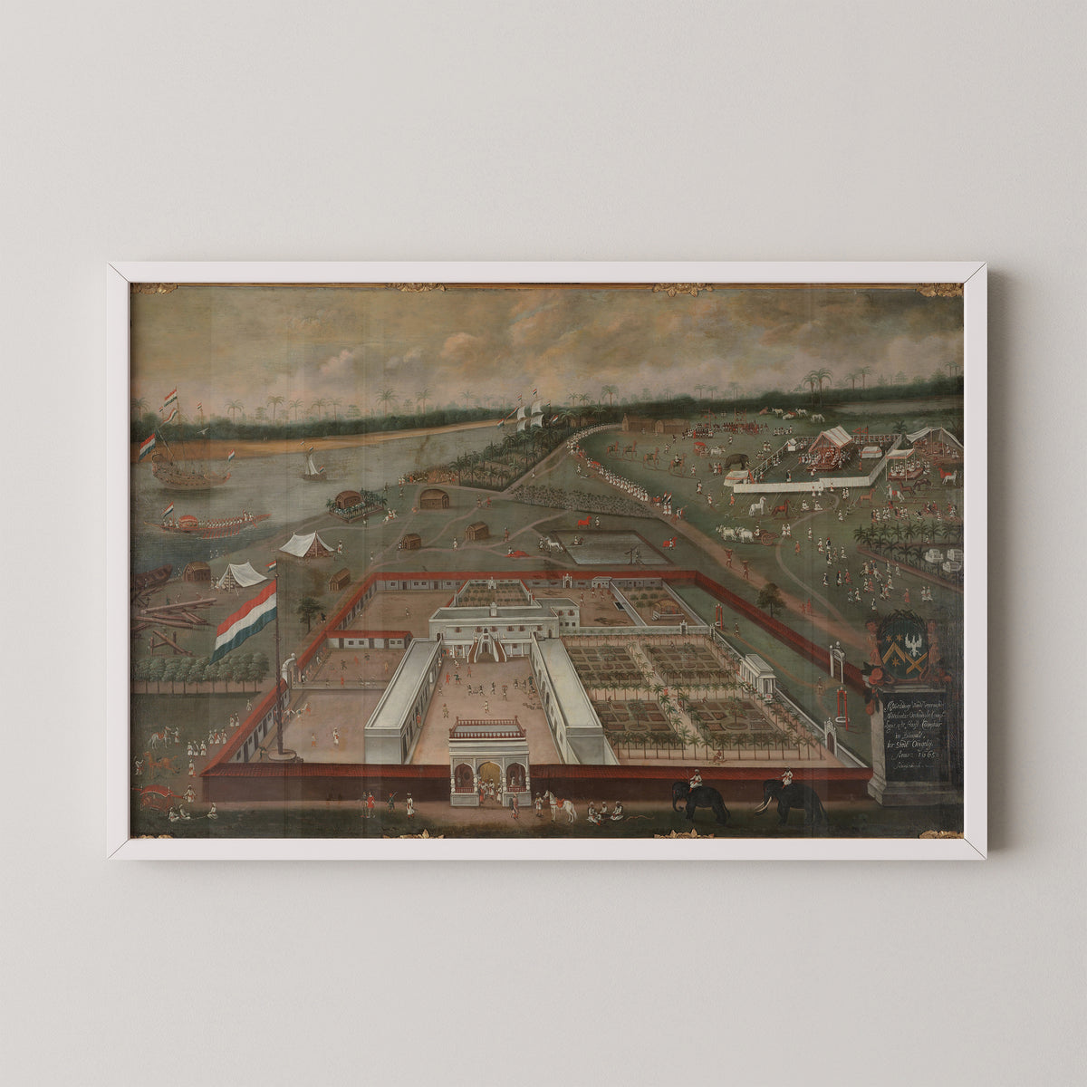 The Dutch Factory in Hooghly-Chinsurah, Bengal by Hendrik van Schuylenburgh, art print in a white frame