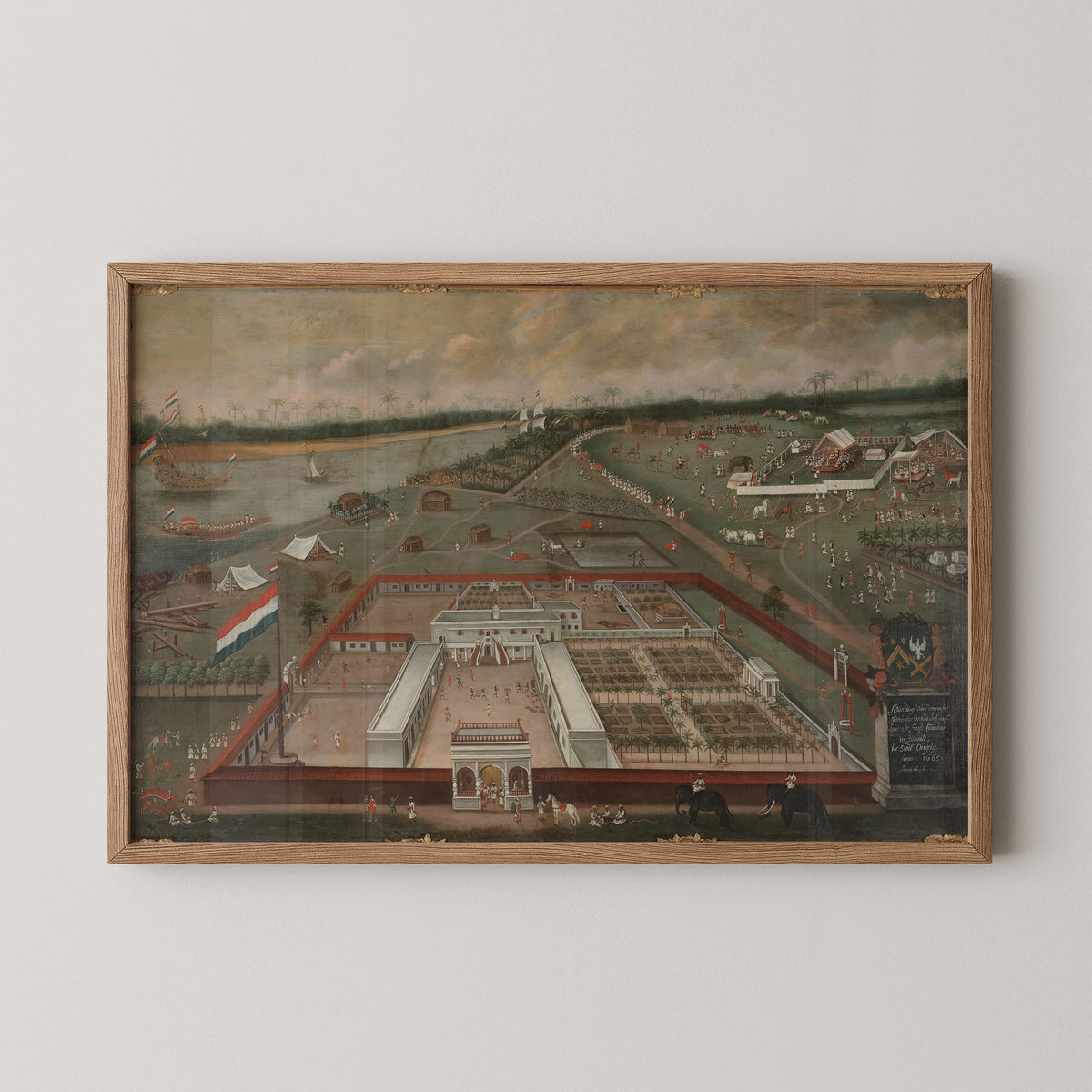 The Dutch Factory in Hooghly-Chinsurah, Bengal by Hendrik van Schuylenburgh, art print in a natural wood frame
