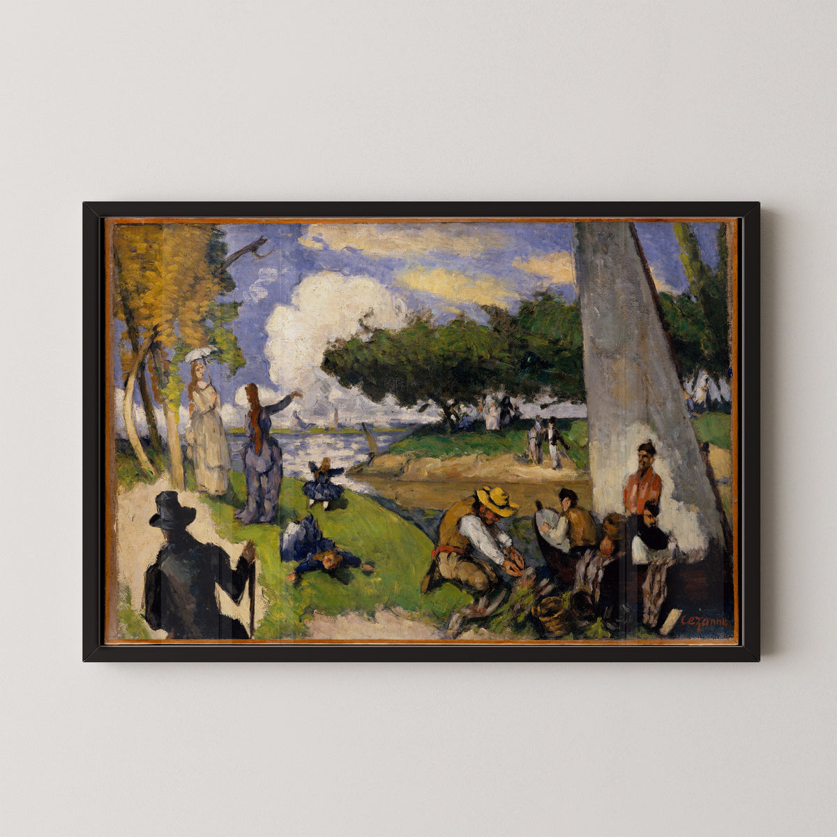 The Fishermen (Fantastic Scene) by Paul Cézanne, waterside gathering shown in a black frame