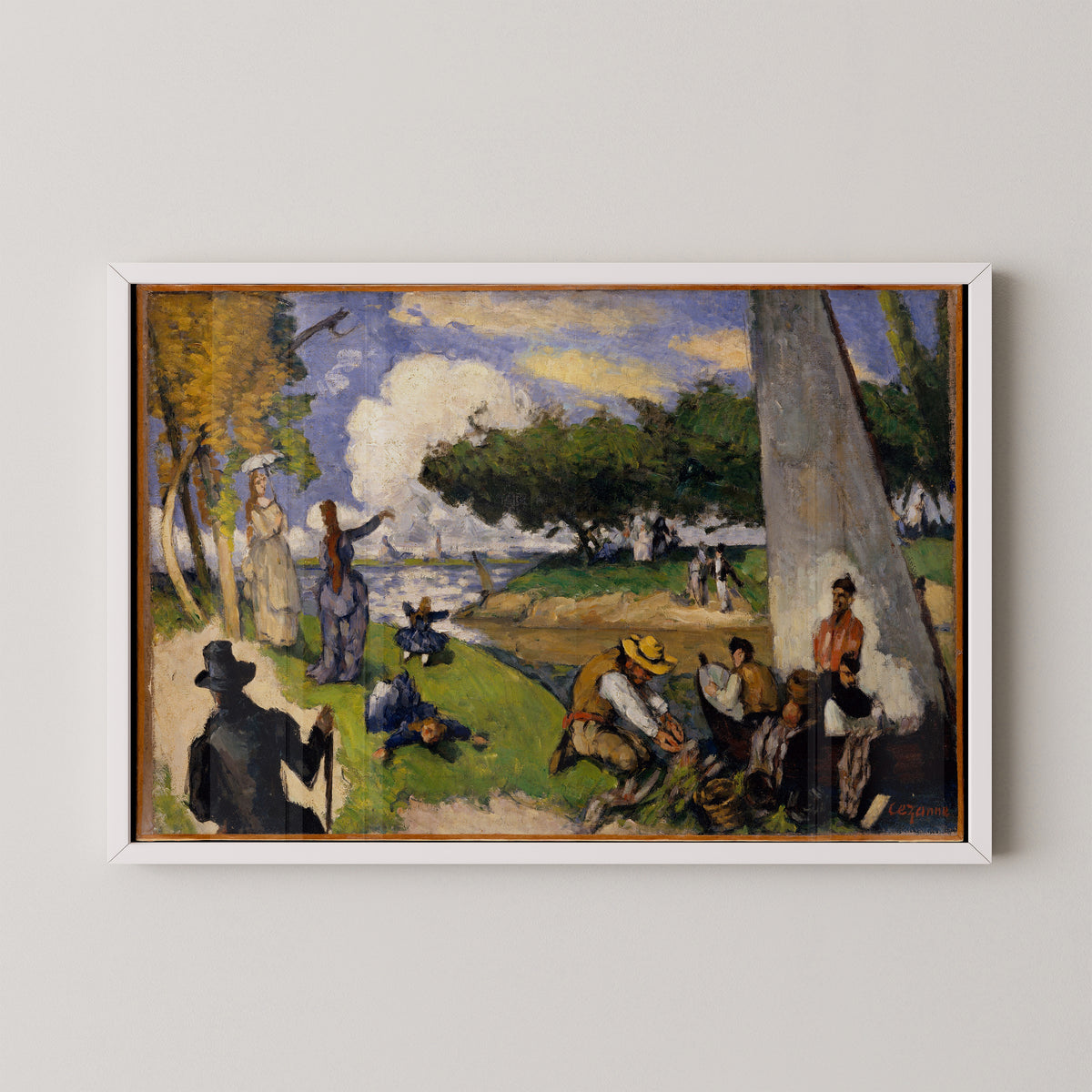 White-framed Cézanne pastoral art print showing a lively shoreline gathering beneath a blue sky