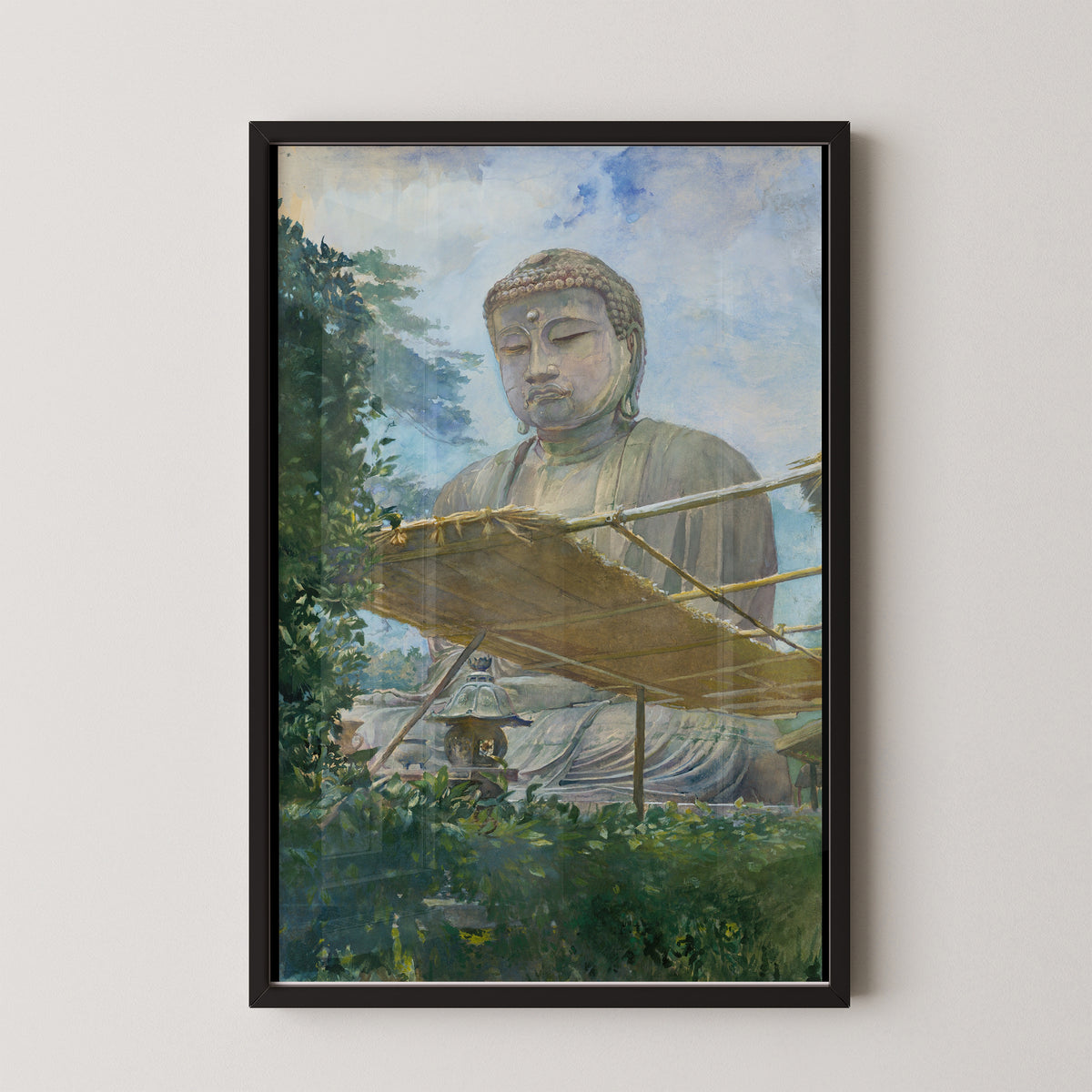 Great Buddha at Kamakura by John La Farge, statue viewed from a garden, art print in a black frame