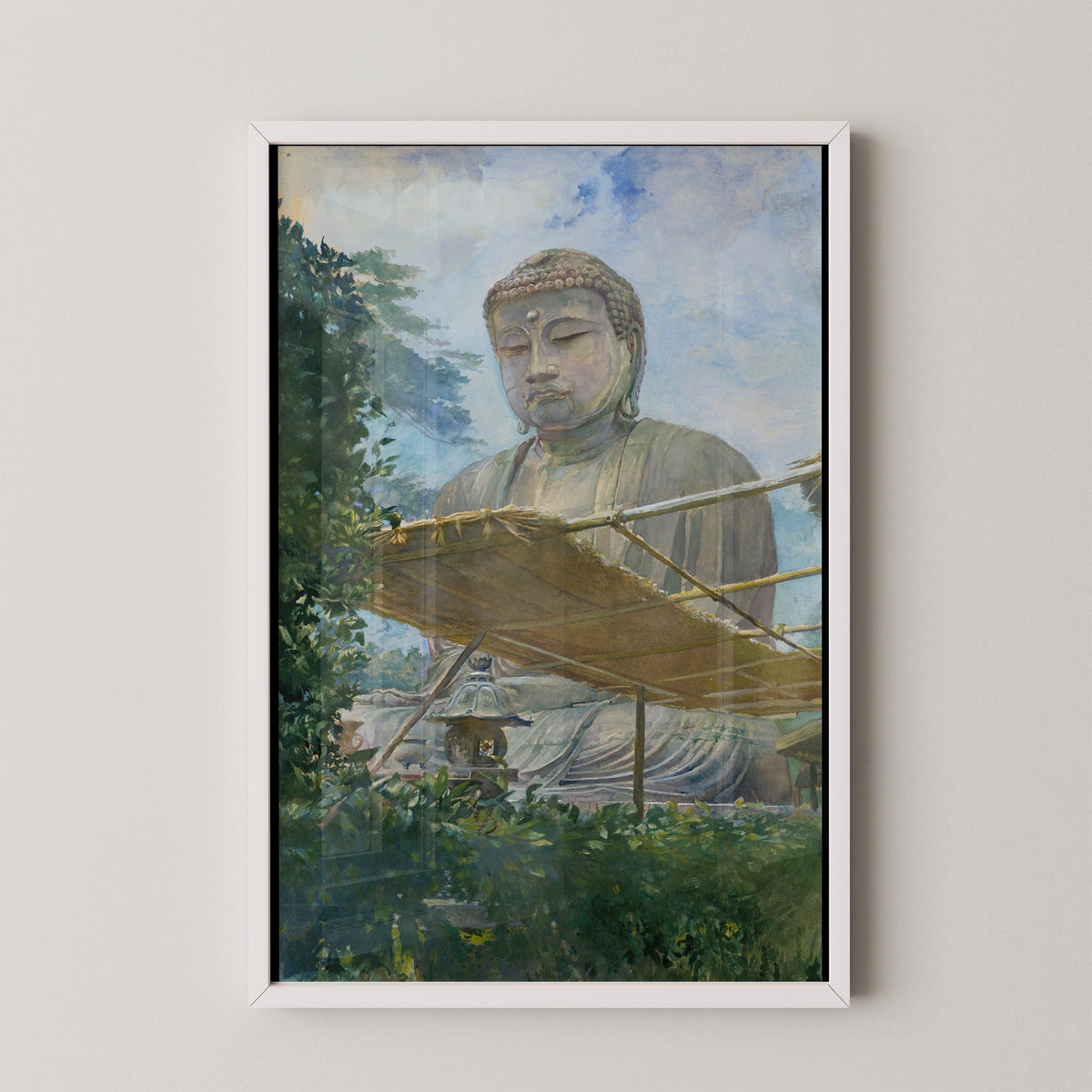White-framed John La Farge watercolor reproduction of the Daibutsu beneath a bright blue-and-white sky