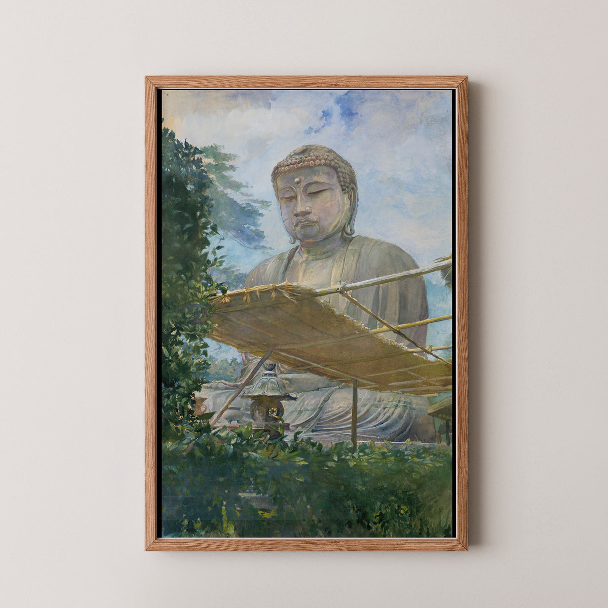 Natural wood-framed La Farge print with the Amida Buddha rising beyond trees and a rustic roof