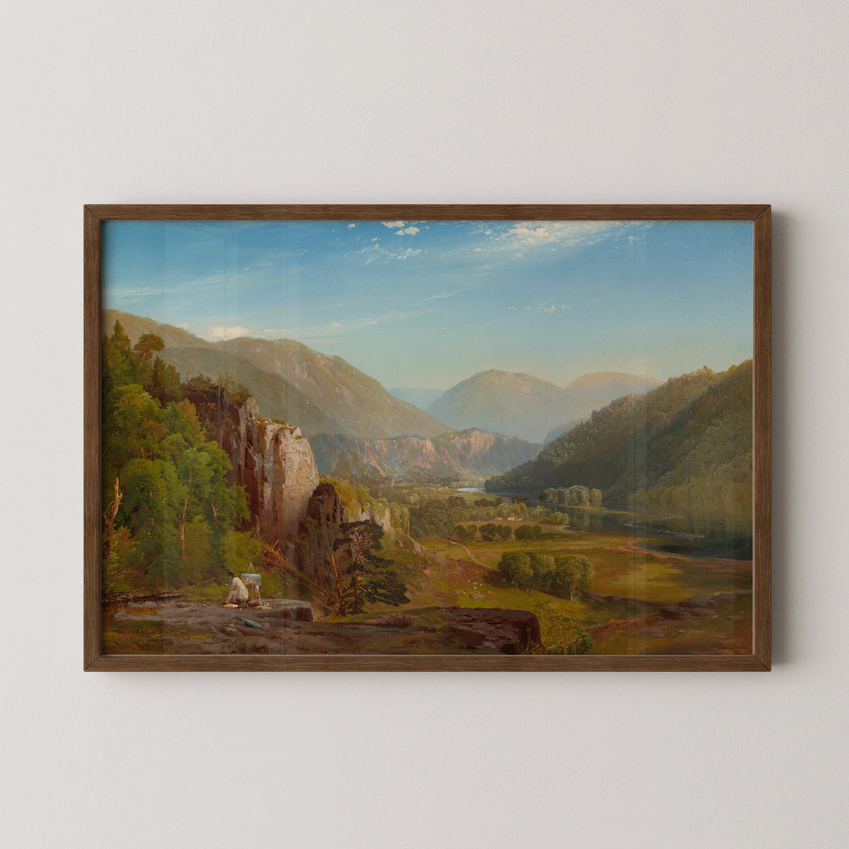 The Juniata, Evening by Thomas Moran, art print in a dark wood frame