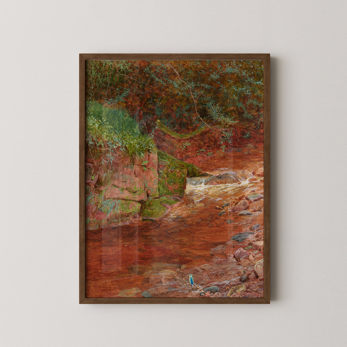 The Kingfisher's Haunt by John George Sowerby art print in a dark wood frame, with blue kingfisher beside a woodland stream