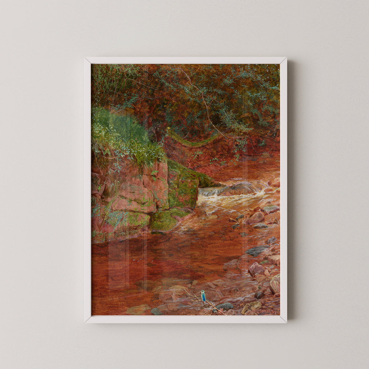 White-framed The Kingfisher's Haunt by John George Sowerby art print, featuring blue kingfisher beside a woodland stream