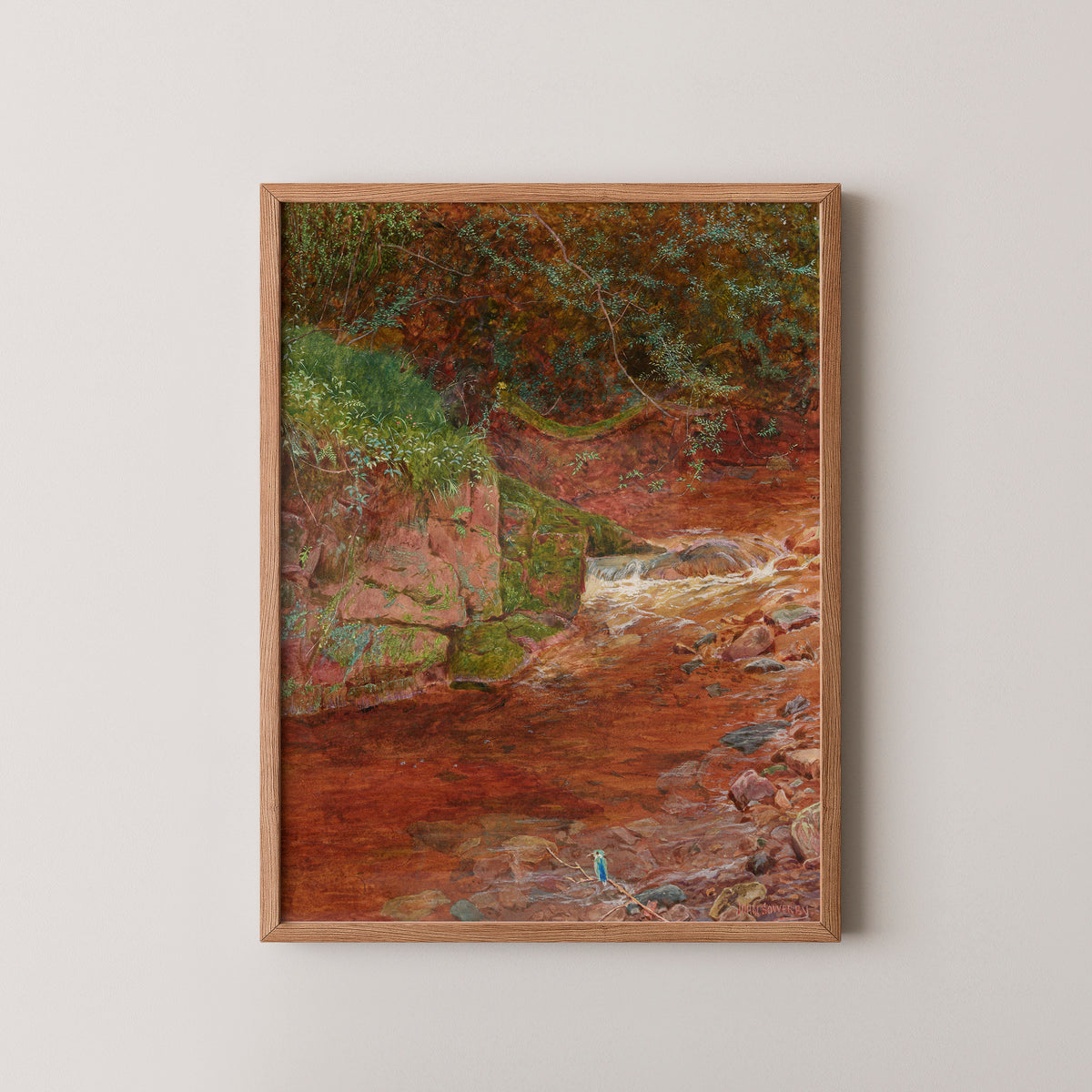 Natural wood-framed The Kingfisher's Haunt by John George Sowerby art print, showing blue kingfisher beside a woodland stream