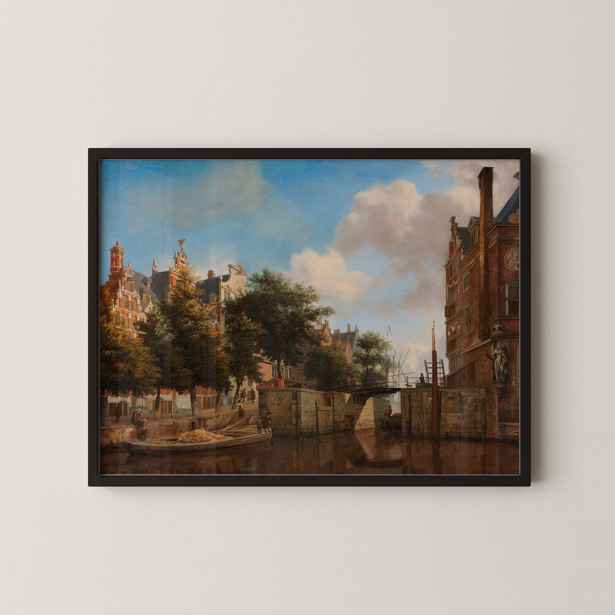 The Nieuwe Zijds Voorburgwal with the Oude Haarlemmersluis, Amsterdam (with Topographical Liberties) by Jan van der Heyden, art print in a black frame